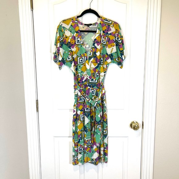 Geometric Printed Jersey Belted Short Sleeve Y2K Dress S - Picture 1 of 8